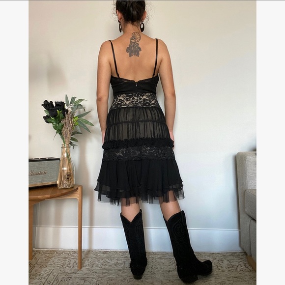 Vtg Basix II Tiered Silk Pleated Lace Midi Dress - Picture 4 of 5